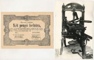 1849. 2Ft "Kincstári utalvány" imitációja, hátlapján "A magyar pénz története kiállítás - 1962. március 4.-i megnyitóján készült az 1848-as gyorssajtón, az eredeti nyomólemezzel a Balassagyarmati Palóc Múzeumban" bélyegzés + fénykép az eredeti nyomólemezről, hátoldalán "A magyar pénz története kiállítás - 1962. március 4.-i megnyitóján készült az 1848-as gyorssajtón, az eredeti nyomólemezzel a Balassagyarmati Palóc Múzeumban" bélyegzéssel C:VF,F szép papír