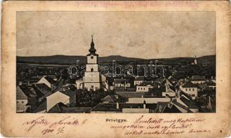1900 Privigye, Prievidza; látkép, templom / general view, church + "NAGY-VÁRAD - GYOMA 164. SZ." vasúti mozgóposta bélyegző (szakadások / tears)