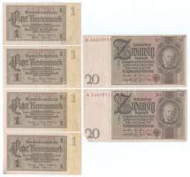 Német Birodalom / Weimari Köztársaság 1929. 20M (2x) egyugrásos sorkövetők + 1937. 1M (4x) ebből 3x sorszámkövetők "G 43277206 - G 43277208" T:F, közte szép papír German Empire / Weimar Republic 1929. 20 Reichsmark (2x) consecutive serials with leap "Z 24639531 + Z 24639533" + 1937. 1 Rentenmark (4x) 3x of which are consecutive serials "G 43277206 - G 43277208" C:F, including fine paper