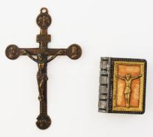 Régi kegytárgytartó és kereszt medál, h: 9 cm alatt