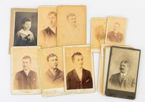 cca 1880-1910 Vegyes keményhátú fotó tétel, különféle műtermekből, közte 9 db budapesti, 1 db debreceni, és 1 db nyíregyháza - sátoraljaújhelyi műterem, összesen 13 db, 11x6 cm és 8x8 cm közötti méretben