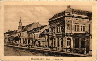 1915 Szászrégen, Sächsisch-Regen, Reghin; Fő tér, Haimann Arnold üzlete, szálloda. Bischitz J. kiadása / main square, shops, hotel (EK)