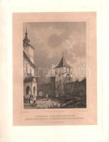 [Látkép] A botfalvai templom Erdélyben. Befestigte Kirche in Brenndorf, Siebenbürgen. Ludwig Rohbock (1824-1893) német grafikusművész részletgazdag acélmetszete a "Magyarország és Erdély eredeti képekben" című illusztrált topográfiai műből. Darmstadt, (1864). Druck und Verlag von G. G. Lange. Tónusos acélmetszet, mérete: 150x110 mm, lemezméret: 170x130 mm, lapméret: 320x255 mm. Ludwig Rohbock (1824-1893) nürnbergi grafikusművész, tájképfestő. Európa számos országát bejárta, a Duna vidékét először 1855-ben kereste fel, 1856-1863 között utazta be hazánkat, számos vázlatot készítve. Rohbock romantikus látképei kissé idealizálják a valóságot, ám meglepő pontossággal örökítik meg Magyarország és Erdély kiemelt fontosságú épületeit, utca- és városképeit, várromjait és várait, kastélyait, fürdőit és hegycsúcsait, templomait és kolostorait. A német festő kiemelt figyelmet szentelt a bemutatott vidék néprajzi karakterének, a látképek előterében a korabeli városi és népi viseletek eredeti környezetükben tűnnek fel, az előtér emberi jelenetei egyben megörökítik a századközép szokás- és viselkedésrendjét is. Látképünk a barcasági szász falu, Botfalva romjaiban is látványos erődtemplomát ábrázolja. A romos várfalak mentén szász népviseletbe öltözött polgárok. Látképünk a Hunfalvy János szövegével megjelent háromkötetes mű harmadik, Erdélyt részletező kötetében jelent meg, látképünk a kötet 100. oldalához tartozó, éles kontúrú acélmetszet. Jó állapotú lap.