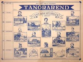 [Aprónyomtatvány] Pataki-féle képes Tanórarend. Nagyjaink szülőházai. (I. sorozat, 5. szám.) Budapest, [1925 körül]. Ifj. Pataki Mihály - Sylvester Rt. ny. Egyetlen lap, mérete: 235x310 mm. A tanulói órabeosztás rögzítésére szolgáló heti órarend hazafias szellemben készült: követésre méltó irodalmár, zenész és politikai nagyságaink portréit közli, szülőházaik-rajzaik társaságában. Tanszerkiadónk később felújított grafikai anyaggal, ám változatlan példakép-sorral újból kiadta a tanrendet (mindkét kiadás Mátyás király, II. Rákóczi Ferenc, Széchenyi István, Kossuth Lajos, Vörösmarty Mihály, Petőfi Sándor, Madách Imre, Mikszáth Kálmán, Gárdonyi Géza és Liszt Ferenc életpéldáját ajánlja a növendékek figyelmébe). Tanórarendünk heti hat tanítási nappal számol, naponta pedig legfeljebb hat tanórával. Kitöltetlen. Jó állapotú lap, hajtásnyommal.