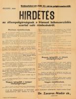 1921 Hirdetés az állampolgárságnak a trianoni békeszerződés szerint való rendezéséről, Székesfehérvár Zavaros Aladár, polgármester által jegyezve. Falragasz, plakát. 45x68 cn