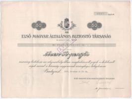 Budapest 1929. "Első Magyar Általános Biztosító Társaság" névre szóló részvénye 50P-ről, szárazpecséttel, szelvényekkel, bélyegzéssel, vízjeles papíron T:F