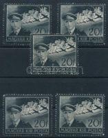 1942 5 db Kormányzóhelyettesi gyászbélyeg 7 csillaggal (2 postatiszta, 3 pecsételt) (12.500)