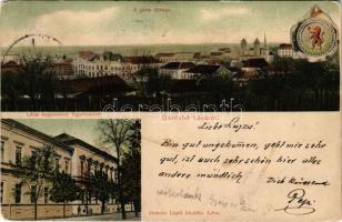 1907 Léva, Levice; látkép, Kegyesrendi főgimnázium, címer. Dukesz Lipót kiadása / general view, grammar school, coat of arms (EM)