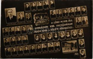 Léva, Levice; M. kir. állami gimnázium VIII. osztályának tanári kara és végzett növendékei, tabló "Karod erős, szíved emelkedett, végetlen a tér, mely munkára hív 1939-1940" / grammar school tableau, teachers and students. Hajdú photo (gyűrődés / crease)