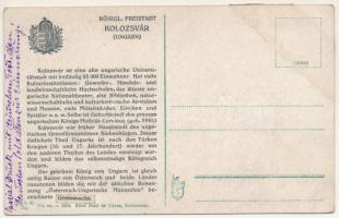 Kolozsvár, Cluj; Mátyás király tér, Haraszthy Jenő üzlete. Magyar zászlós szalaggal, hátoldalán néme...