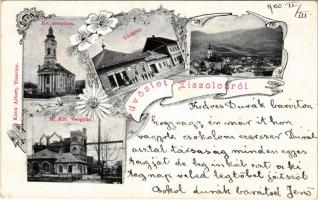 1900 Tiszolc, Tisovec; Evangélikus templom, Vásártér, M. kir. vasgyár, Kohn Albert üzlete és saját kiadása. Szecessziós-virágos keret / Lutheran church, iron factory, market square, publisher's shop. Art Nouveau, floral frame (EK)