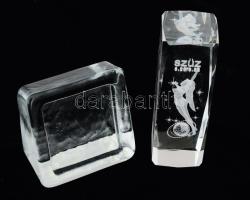 2 db asztali üveg dísz, kis kopásnyomokkal, m: 10 és 15 cm