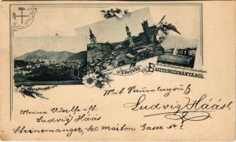 1899 (Vorläufer) Besztercebánya, Banská Bystrica; IV. Béla király tér, piac, városháza, templom, szökőkút, látkép. Ivánszky Elek kiadása, szecessziós-virágos keret / square, market, town hall, church, fountain, general view. Art Nouveau, floral frame (vágott / cut)