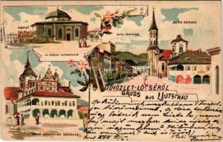 1900 Lőcse, Levoca; Kaszinó, Evangélikus templom, Római katolikus templom, régi városháza, új városháza. Szecessziós-virágos litho / casino, Lutheran church, Catholic church, old and new town hall. Art Nouveau, floral, litho (EK)