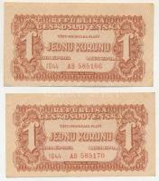 Csehszlovákia 1944. 1K (2x) közeli sorszámok "AB 585166 + AB 585170" T:F, szép papír Czechoslovakia 1944. 1 Koruna (2x) close serial numbers "AB 585166 + AB 585170" C:F, fine paper Krause P#45a