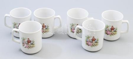 Zsánerjelenettel díszített 6 darabos porcelán bögre szett, jelzés nélkül, m: 9,5 cm
