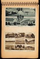 ca 1940-1950 Magyar képeslap gyűjtemény, balatoni és egyéb települések, kb 40 db + egyéb képek, kivágások, beragasztva füzetbe
