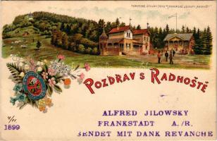 1899 (Vorläufer) Frenstát pod Radhostem, Frankstadt (unter dem Radhoscht); Turistské útulny (1018 m.) pohorské jednoty Radhost / tourist pavilion, Radhost mountain. Art Nouveau, floral, litho (EK)