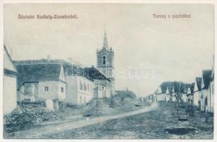 1912 Székelyzsombor, Zsombor, Jimbor; Templom torony a papi lakkal. Brassói Lapok 683. / church tower and rectory + "SZÉKELYZSOMBOR POSTAI ÜGYN." (r)