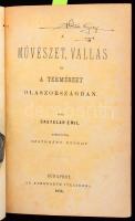 Castelar, [Emilio] Emil: A művészet, vallás és a természet Olaszországban. I-II. köt. [Egybekötve]. Ford.: Szathmáry György, Huszár Vilmos. Bp., 1874-1895, Athenaeum, 1 (címkép) t.+ XVII+275+(1) p.; VIII+319 p. Első magyar kiadás. Aranyozott gerincű félvászon-kötésben, helyenként kissé foltos lapokkal, a címlapokon Hollós Gyula 1904-es névbejegyzésével.