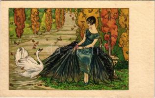1927 Hölgy hattyúkkal művészlap / Lady with swans art postcard s: D. Gobbi