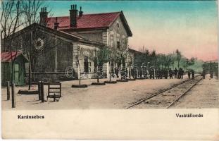 Karánsebes, Caransebes; vasútállomás, vasutasok. MÁV levelezőlapárusítás 5221. / railway station, railwaymen (fl)