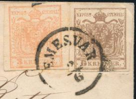 1858 3kr + 6kr on cover "TEMESVÁR" - Egg. Certificate: Goller 1858 3kr + 6kr levélen "...