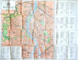 Budapest 21 térképe, utcanévjegyzékkel és idegenvezető címtárral. Budapest, (1942). Fővárosi Közmunkák Tanácsa - Hellas Irodalmi és Nyomdai Rt. 200 p. + 21 t. (20 dupla oldalas, kétszínnyomású kerületi térkép, egy kihajtható, színes áttekintő várostérkép). A magyar és külföldi látogatók számára készült részletes utcajegyzék és idegenforgalmi címtár magyar, német, olasz, francia és angol nyelven igazítja el a turistát a főváros utcái és intézményei; pályaudvarai, szállodái, panziói; kávéházai, mulatói, kaszinói és klubjai; mozijai, színházai, múzeumai, könyvtárai és egyetemei; kórházai, klinikái, szanatóriumai; parkjai és sétányai, sportpályái és standfürdői, lóversenypályái között. A kiadvány utat mutat az államigazgatás, a közigazgatás és a pénzügyek világában is, megadva többek között a minisztériumok, hivatalok és bankfiókok címét is. A tömegközlekedési hálózat adatai a lehető legfrissebbek. Kötetünk emlékezetes részlete az utalás, miszerint a budaörsi repülőtér lassacskán nem lesz elegendő, a pótlására szolgáló ferihegyi repülőtér épülőben van. Az érdeklődő továbbá bőven tallózhat Budapest teljes szobor- és emlékmű-állományában, valamennyi jelentősebb köztéri szobor pontos helye tanulmányozható kiadványunkban. Érdekes névtörténeti adalék, hogy a XIV kerületre osztott Budapest egyes kerületei szokatlan nevet viselnek, a mai Belváros északi, kormányzati negyede és Új Lipótváros Dráva utcáig terjedő, déli része alkotja az V. kerületet, ez az V. kerület pedig nem Lipótváros, hanem Szentistvánváros nevet viseli. A még jócskán parcellázatlan XI. kerület ebben az időben a Szentimre varos, a hegyvidéki XII. kerület a Mátyáskirályváros, a Dráva utcán kívüli iparnegyed, a XIII. kerület angyalföldi része a kormányzó neje után a Magdolnaváros nevet kapta, az Aréna (Dózsa György) úton túli Zugló pedig a Rákosváros nevével büszkélkedhet. A kerületi, kétszínnyomású térképvázlatok utáni nagy méretű, színes Budapest-térkép az 1942-ben aktuális utcanévanyagon kívül a kiemelt középületeket és a közlekedési hálózatot is jelöli, a térképen alul és oldal magyar, német, olasz, francia és olasz nyelvű jelmagyarázattal és hotel-mutatóval. Példányunk fűzése a címlap előtt meglazult. Aranyozott, enyhén kopott gerincű kiadói félvászon kötésben. Jó példány.