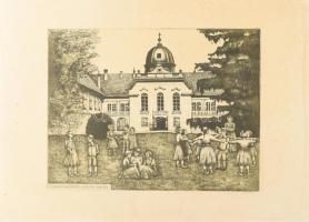 Molnár Gabriella (1940-): Gyermeknyaraltatás Gödöllőn, 1919-ben. Rézkarc, papír, jelzett, lap széle foltos, kartonra kasírozva, 29,5x39 cm