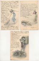 3 db RÉGI (1905 előtti) művészlap malaccal / 3 pre-1905 art postcards with pigs