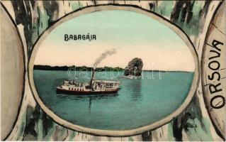 Orsova, Al-Duna. Babagája szikla és gőzhajó. M. G. kiadása, szecessziós montázs hajóablakkal / Der Babagay-Felsen / Babagaj rock and steamship. Art Nouveau montage with porthole