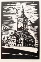 Illi, Franz (1932-): Régi tanácsház, Brassó (Erdély). Linómetszet, papír. Jelzett. Franz Illi autográf ajándékozási soraival. 28,5x19 cm