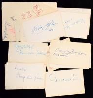 cca 1957 Aláírás gyűjtemény, kártyákon, 21 db kártyán, rajta Honthy Hanna, Sárdy János, Krencsey Marianne, Soós Imre, Rátonyi Róbert és mások.