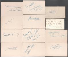 cca 1957 Aláírás gyűjtemény, kártyákon, 21 db kártyán, rajta Honthy Hanna, Sárdy János, Krencsey Mar...