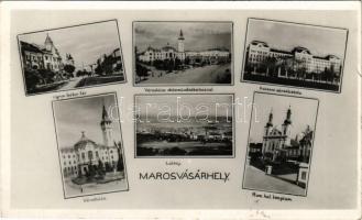 Marosvásárhely, Targu Mures; Ugron Gábor tér, Városháza, Közművelődési ház, Katonai alreáliskola, látkép, Római katolikus templom / square, town hall, community center, military school, general view, Catholic church (apró szakadás / tiny tear)