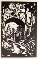 Illi, Franz (1932-): Utcarészlet, Brassó (Erdély). Linómetszet, papír. Jelzett. Franz Illi autográf ajándékozási soraival. 27,5x17,5 cm