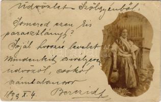 1899 (Vorläufer) Szőgyén, Szölgyén, Svodín, Seldin; népviseletbe öltözött leány / Upper Hungarian folklore. photo (EK)