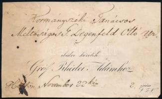 1866 gróf Rhédey Ádám ebéd meghívója gróf Degenfeld Ottó részére, kissé megviselt