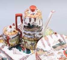 Kínai mintás Viktória porcelán mokkás és süteményes készlet. 6+6 személyes. Kézzel festett, jelzett,...