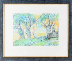 Tábori József (1928-2001): Tóparti híd. Pasztell, papír. Jelzett. Üvegezett fakeretben, 21x29 cm