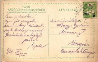 1915 Első világháborús tábori postai levelezőlap a Központi Hatalmak zászlóival és címereivel. Karác...