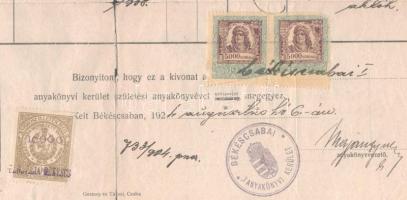 1924 Teljes születési anyakönyvi kivonaton Békéscsaba 10.000K városi illetékbélyeg elcsúszott értéks...