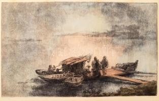 Görög Rezső (1930- ): Halászok. Színezett rézkarc, papír, jelzett, elszíneződésekkel, lapszéli szakadásokkal, 24×39 cm