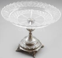 Antik ezüst (Ag) aufsatz, eredeti csiszolt üvegtálcájával, jelzett, tálcán kis pattogzással, d: 29 cm, m: 21,5 cm