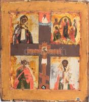 Pravoszláv ikon - Pokolraszállás szentekkel. Fa táblán, négyosztatú táblával, XX.sz-i átfestéssel és felirattal a hátoldalán, kopott, . 26x31 cm