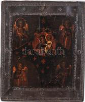 Ikon - Istenanya, az eléghetetlen csipkebokor. Orosz, cca 19. sz. utolsó harmada, tojástempera, fa, kopással, réz okláddal, 26x31 cm. Középen a gyermekét kezében tartó Istenanya, körben az Isteni fényt jelképező csillagos égbolt, körülötte a teremtés természeti elemeit szimbolizáló négy angyal alakjával.