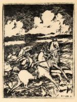 Kotász Károly (1872-1941): Lovasok. Rézkarc, papír, jelzett a karcon, hajtásnyommal, 17×13 cm