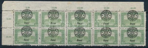 Nagyvárad 1919 Parlament 80f ívsarki 10-es tömb elcsúszott felülnyomással, Bodor vizsgálójellel (rozsda / stain)