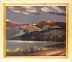 Vásárhelyi Kovács (Kováts) Tibor (1924-1997): Békés táj. Olaj, farost, jelzett. Hátoldalán Képcsarnok Vállalat címkéjével. Dekoratív, üvegezett fakeretben, 60×50 cm