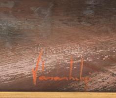 Vásárhelyi Kovács (Kováts) Tibor (1924-1997): Békés táj. Olaj, farost, jelzett. Hátoldalán Képcsarno...